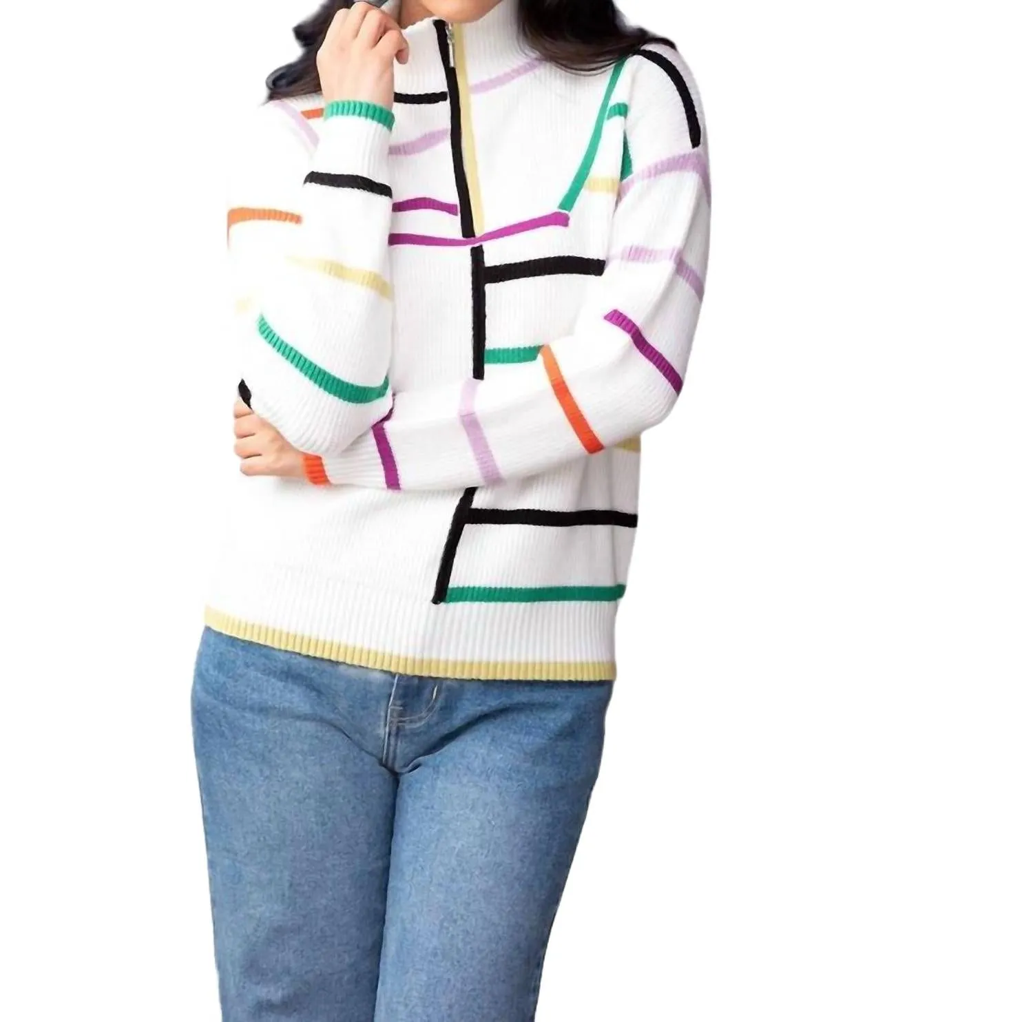 1/4 Zip Stripe Sweater In Multi