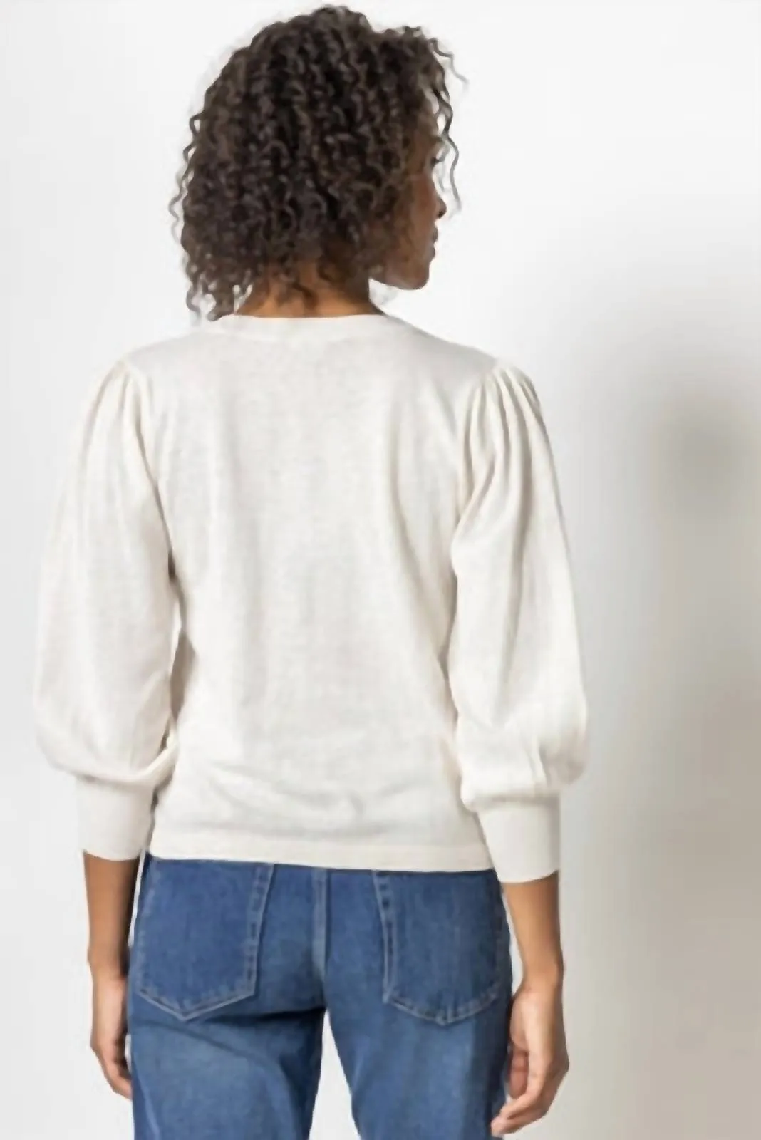 3/4 Puff Sleeve V-Neck Sweater In Oat