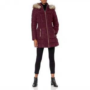 3/4 Puffer Zig Zag Cinched Waist Faux Fur Trim Hood Jacket In Port Royal