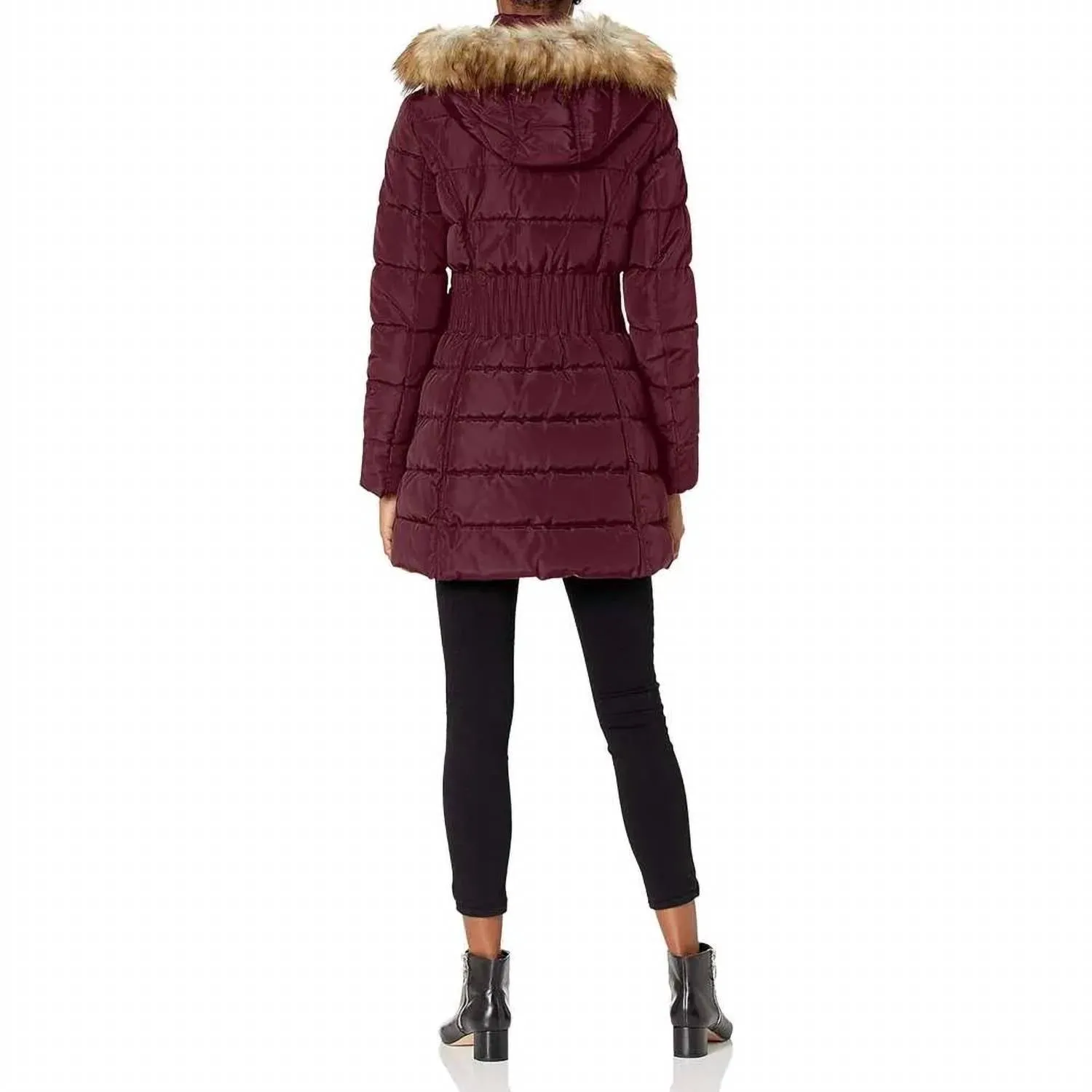 3/4 Puffer Zig Zag Cinched Waist Faux Fur Trim Hood Jacket In Port Royal