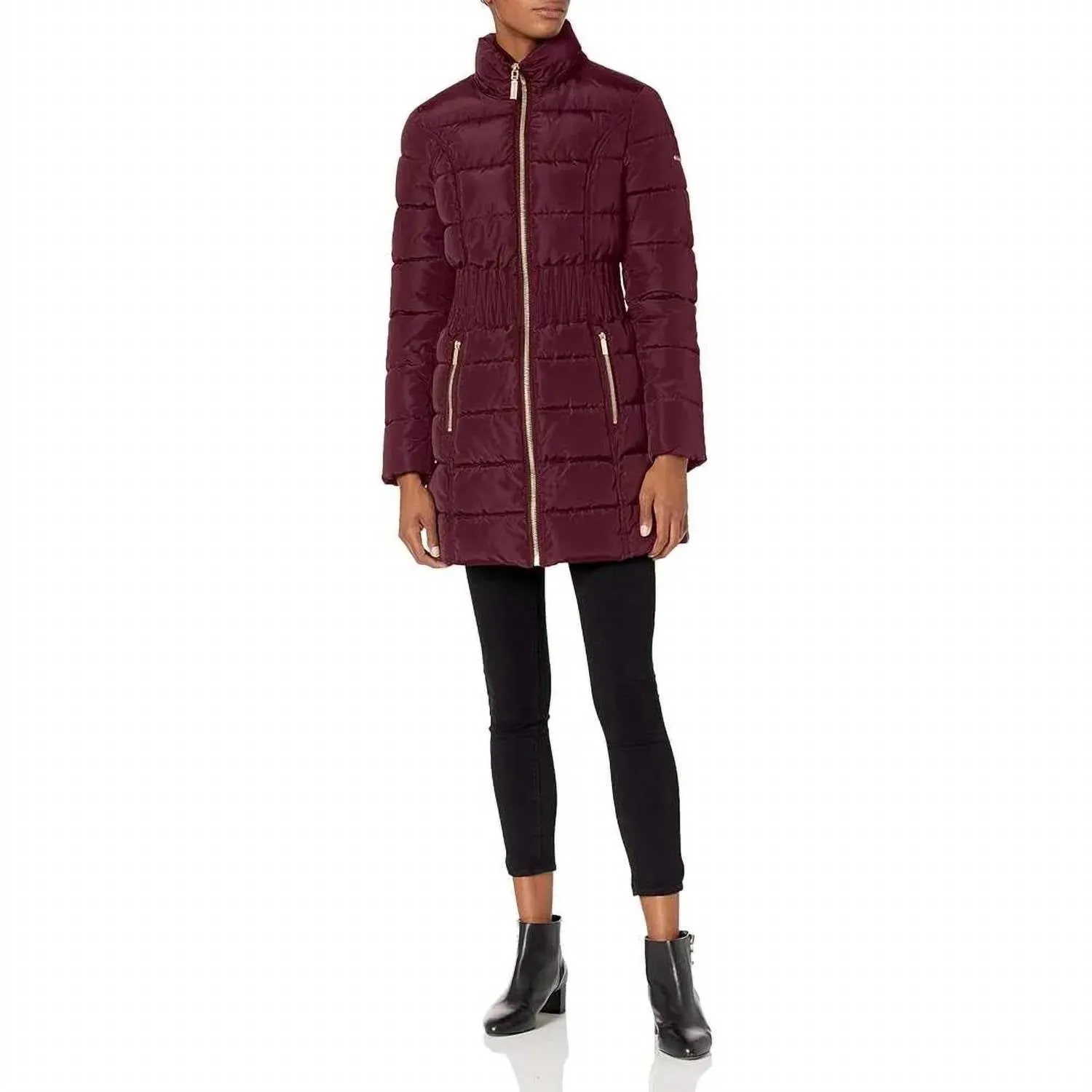 3/4 Puffer Zig Zag Cinched Waist Faux Fur Trim Hood Jacket In Port Royal