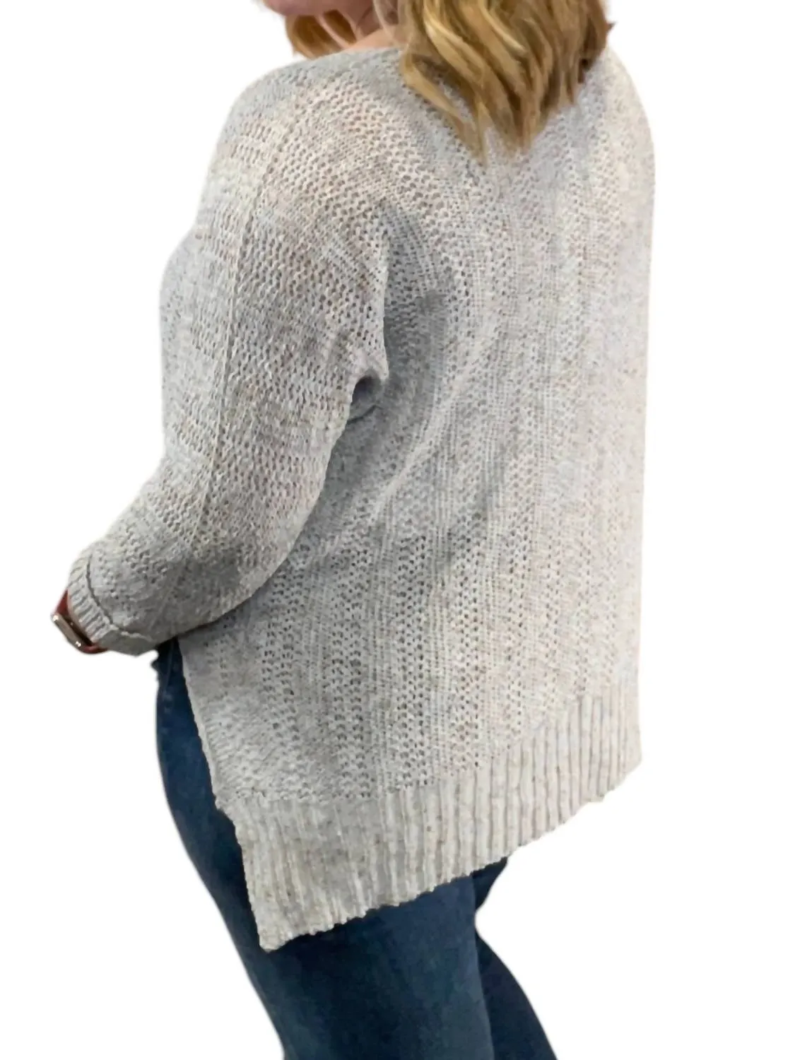 3/4 Sleeve Yarn Pullover Sweater In Grey