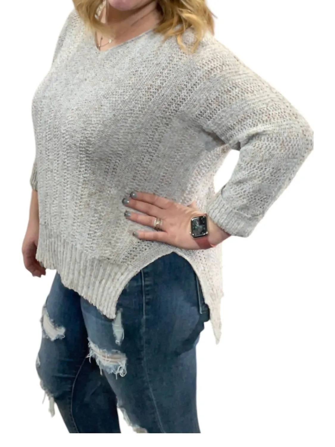 3/4 Sleeve Yarn Pullover Sweater In Grey