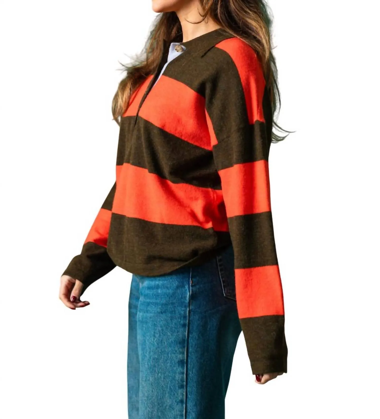 Akiko Stripe Polo Sweater Top In Red