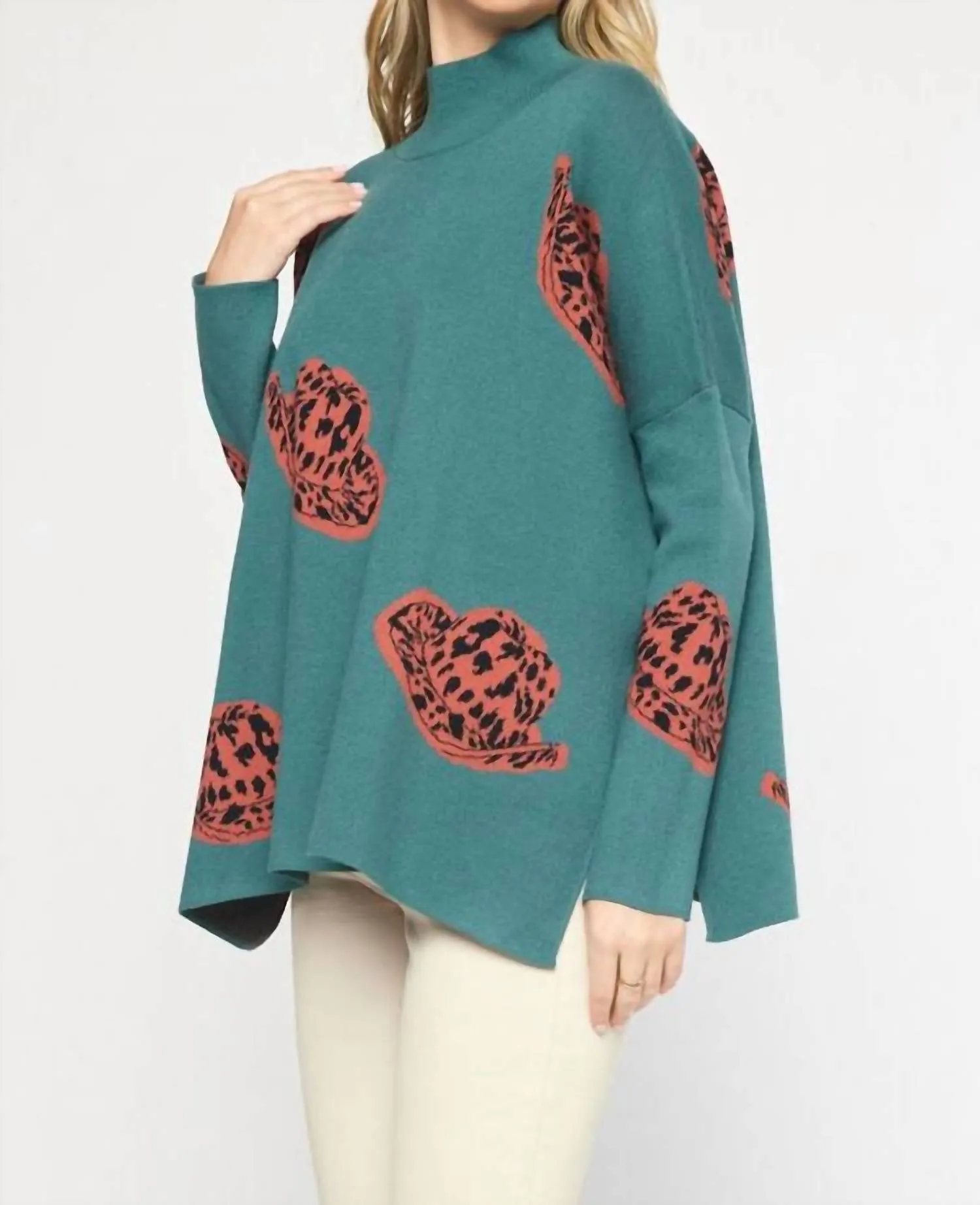 Alexandra Cowboy Hat Mock Neck Long Sleeve Sweater Top In Forest
