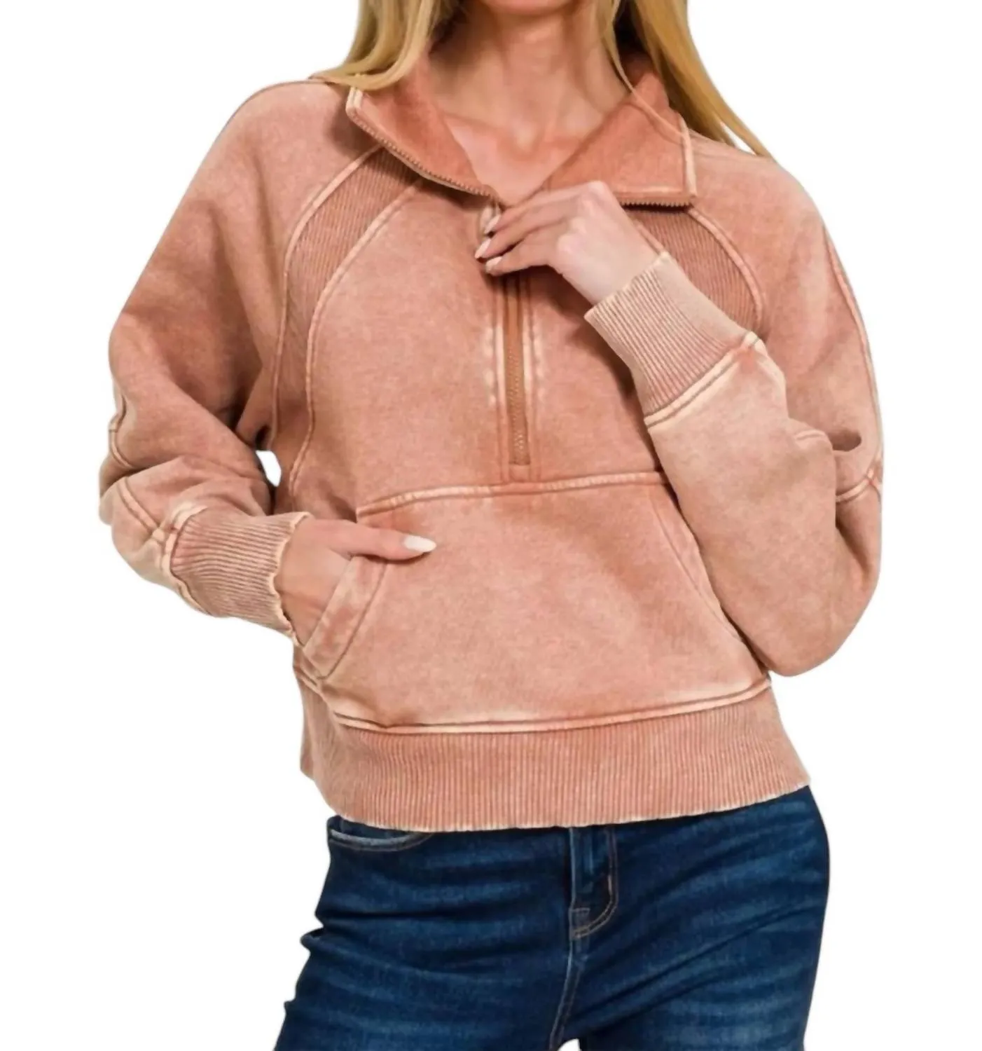 Alice Half Zip Fleece Pullover Sweater In Rust