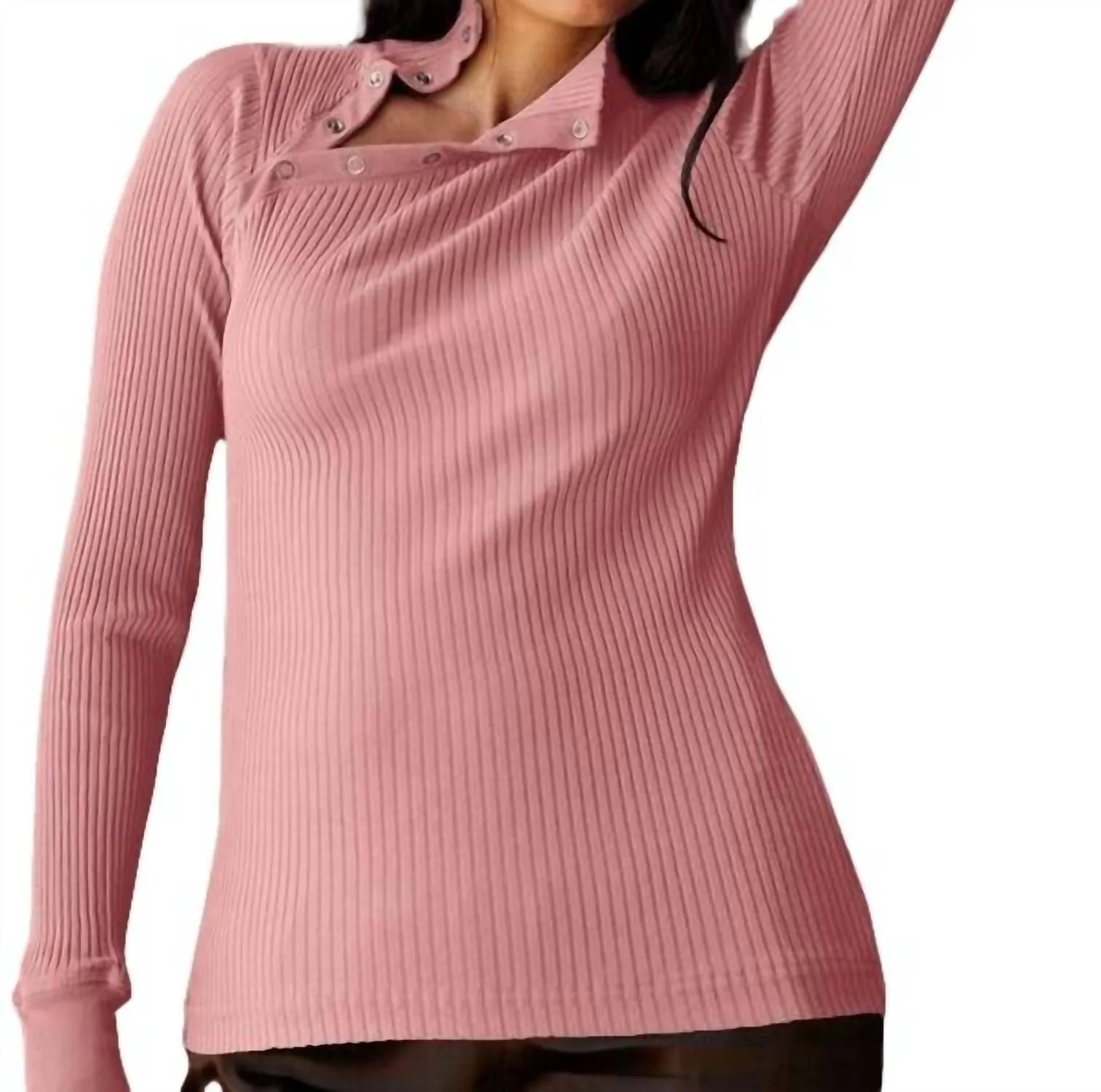 Andre Long Sleeve Snap Turtleneck Top In Pink Quartz