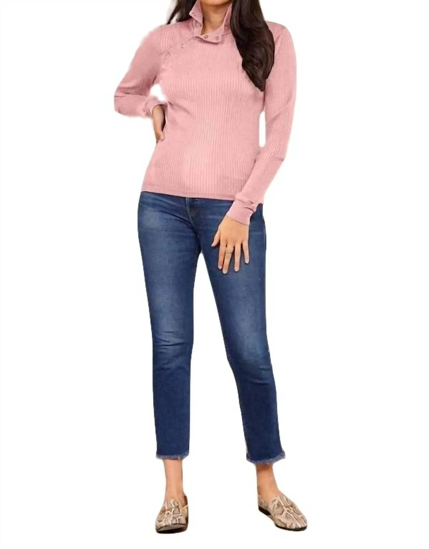 Andre Long Sleeve Snap Turtleneck Top In Pink Quartz