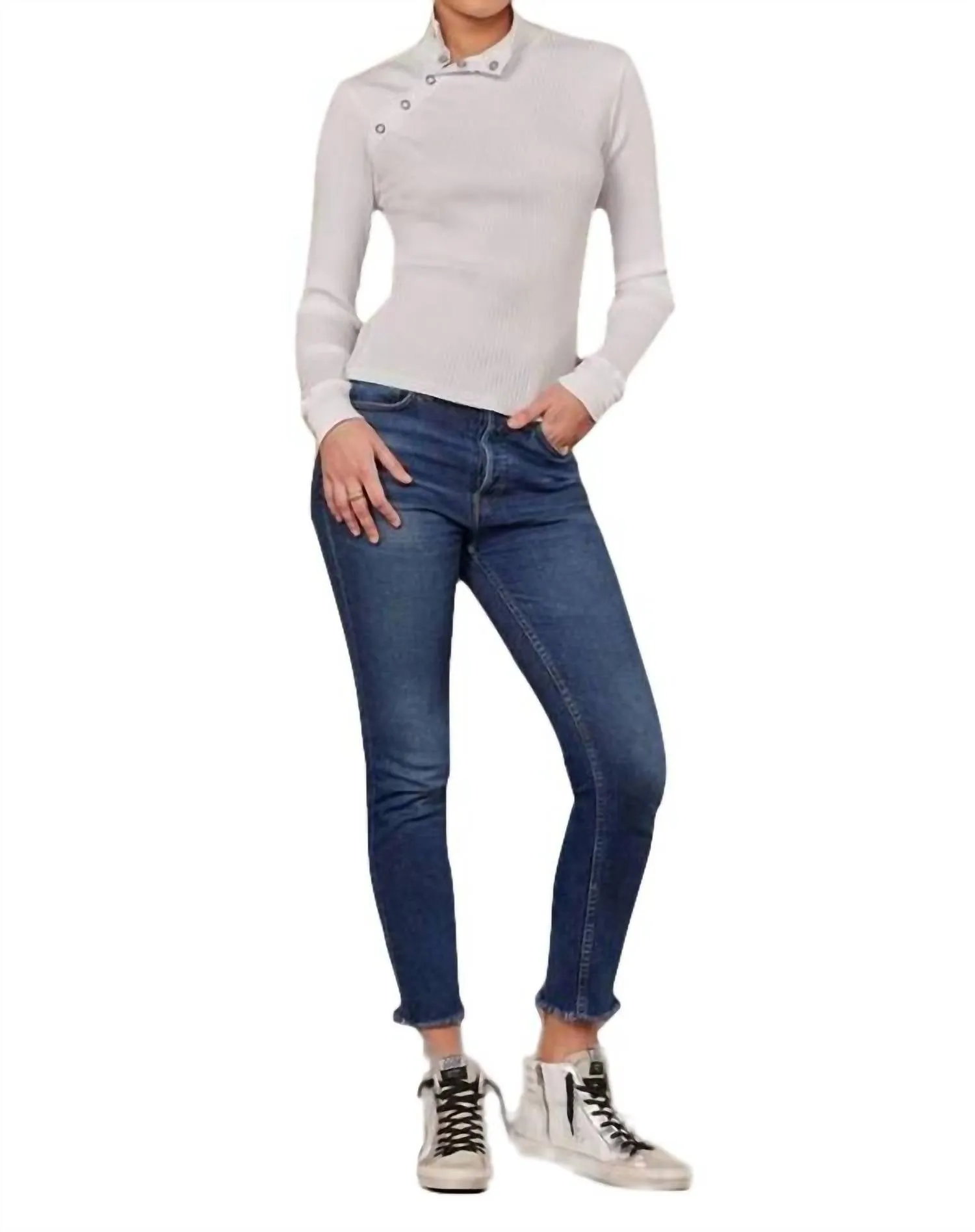 Andre Long Sleeve Snap Turtleneck Top In White
