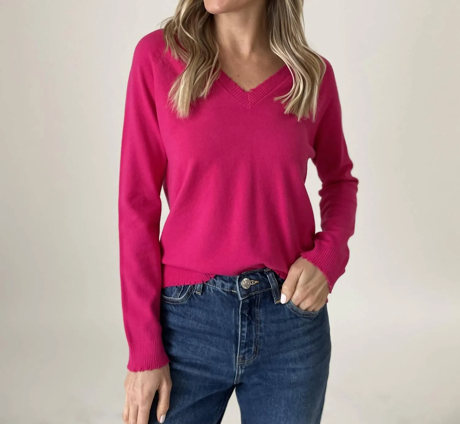 Andrea V-Neck Sweater In Hot Pink