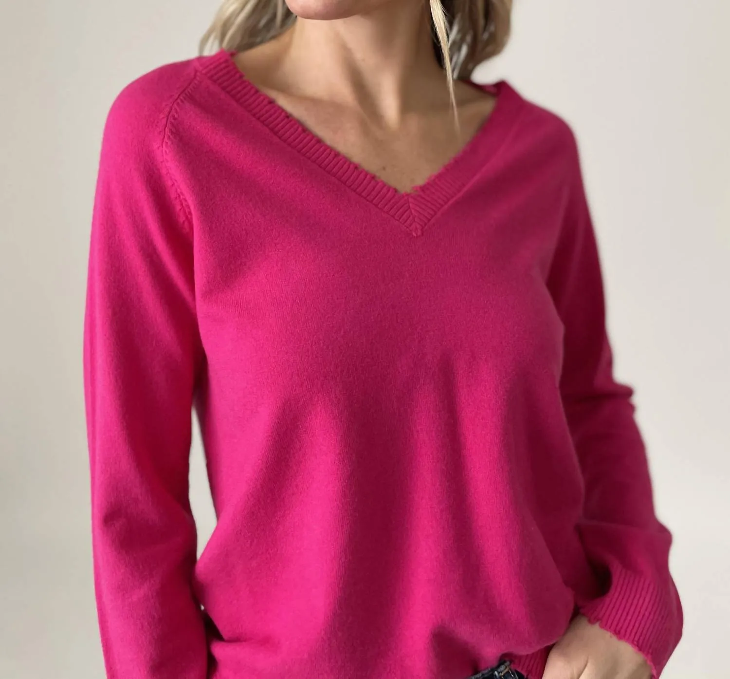 Andrea V-Neck Sweater In Hot Pink