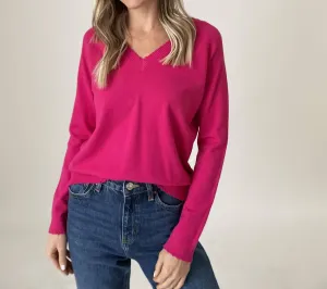 Andrea V-Neck Sweater In Hot Pink