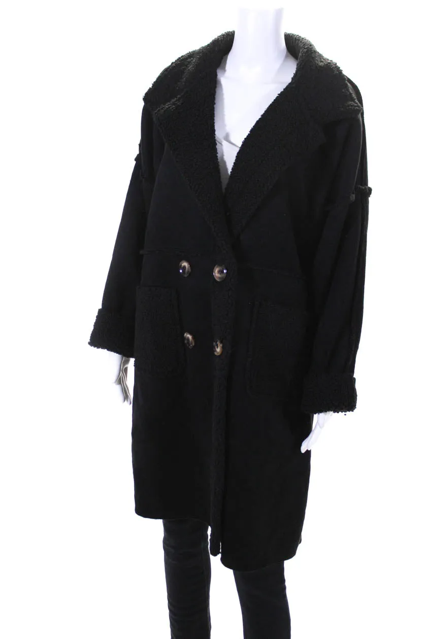 Apricot Women's Collar Button Closure Suede Long Coat Black