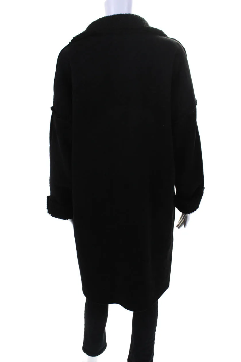 Apricot Women's Collar Button Closure Suede Long Coat Black
