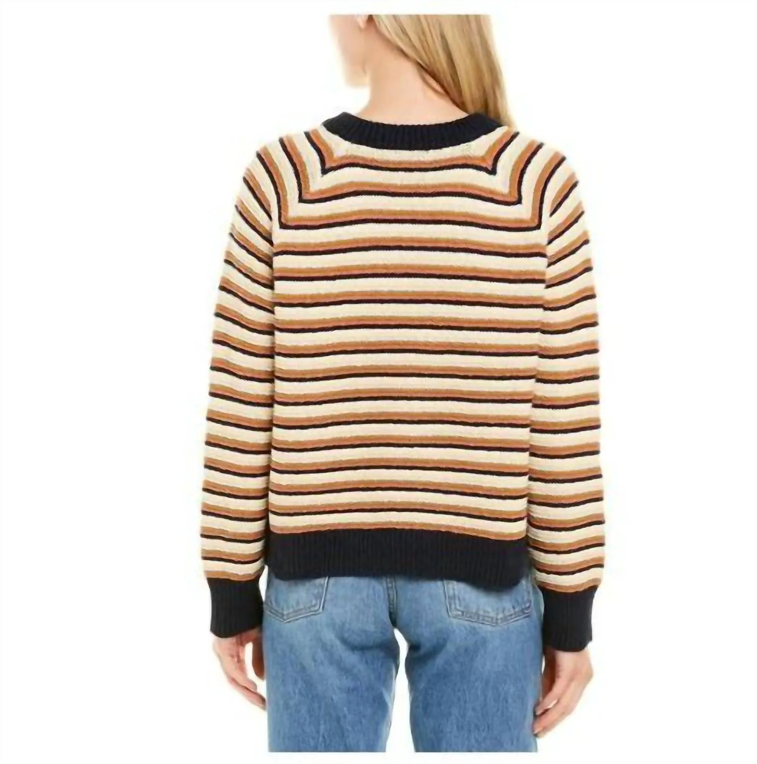 Arden Pullover V-Neck Cotton Stripe Sweater In Navy, White, Yellow