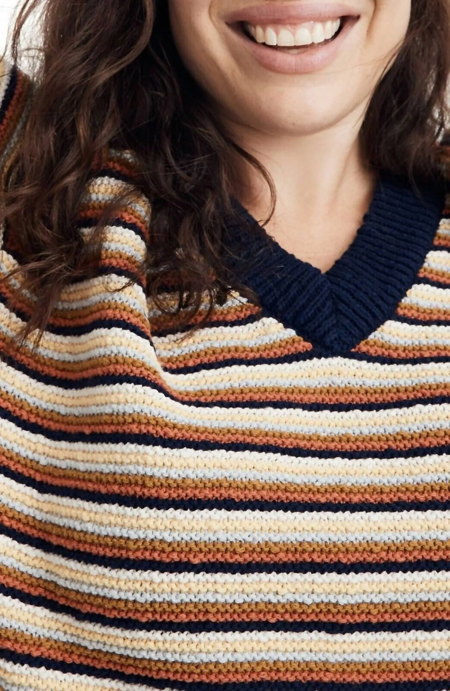 Arden Pullover V-Neck Cotton Stripe Sweater In Navy, White, Yellow