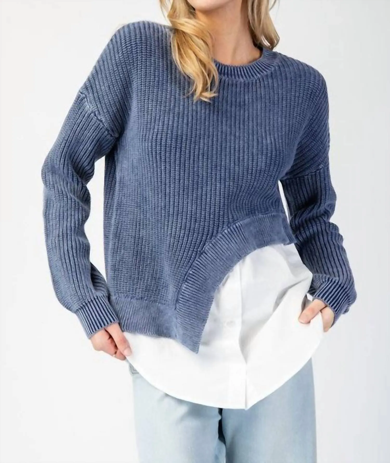 Asymmetrical Sweater Layered Shirt In Denim