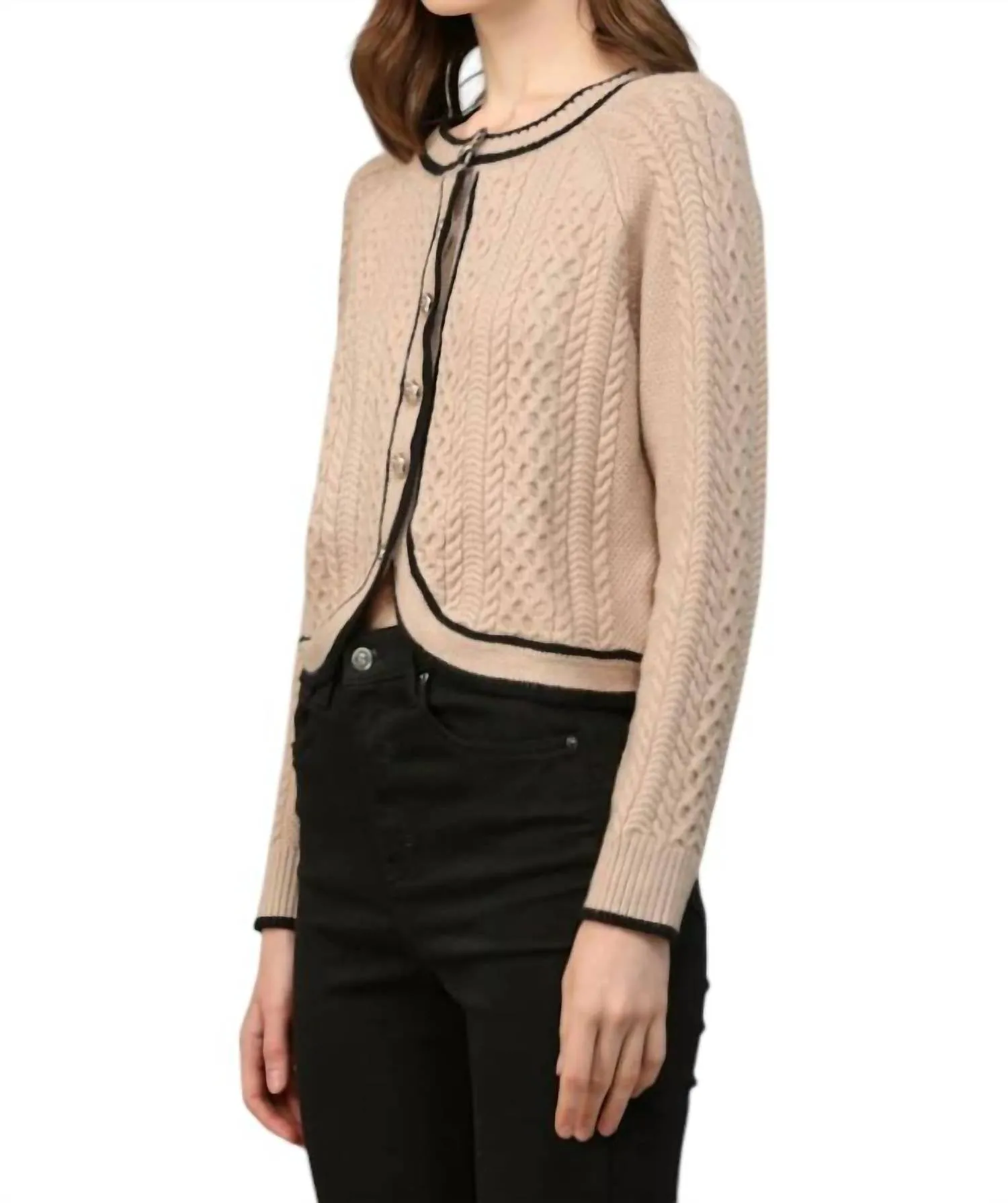 Bailey Cable Knit Cardigan With Contrast Trim In Taupe/black