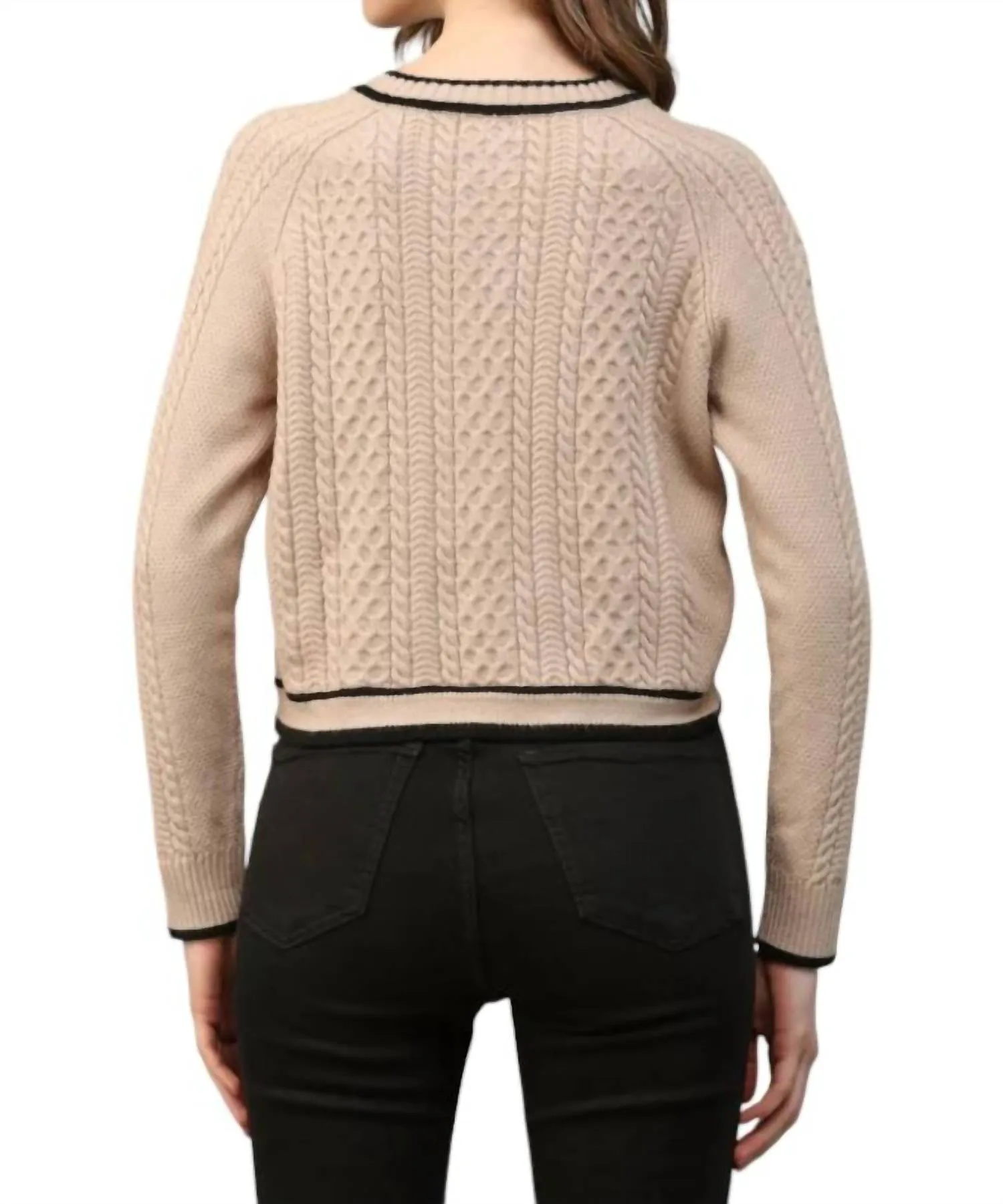 Bailey Cable Knit Cardigan With Contrast Trim In Taupe/black