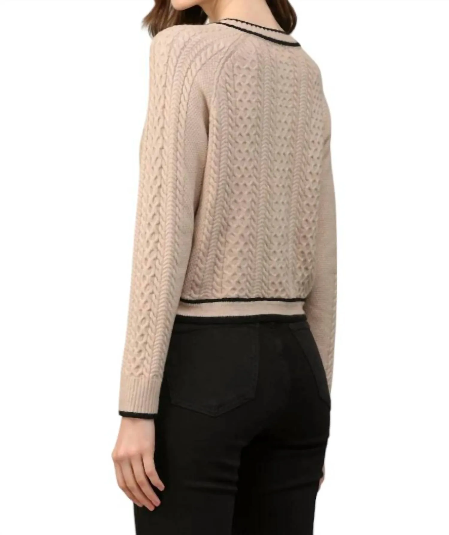Bailey Cable Knit Cardigan With Contrast Trim In Taupe/black