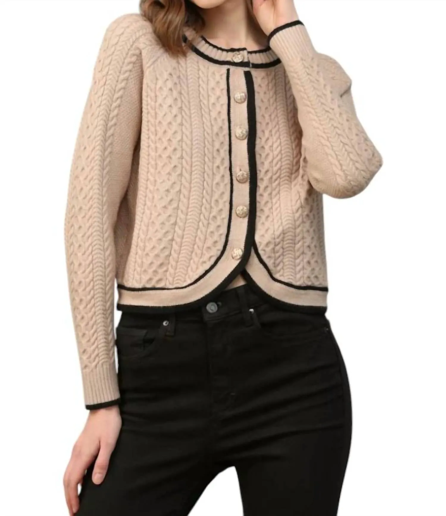 Bailey Cable Knit Cardigan With Contrast Trim In Taupe/black