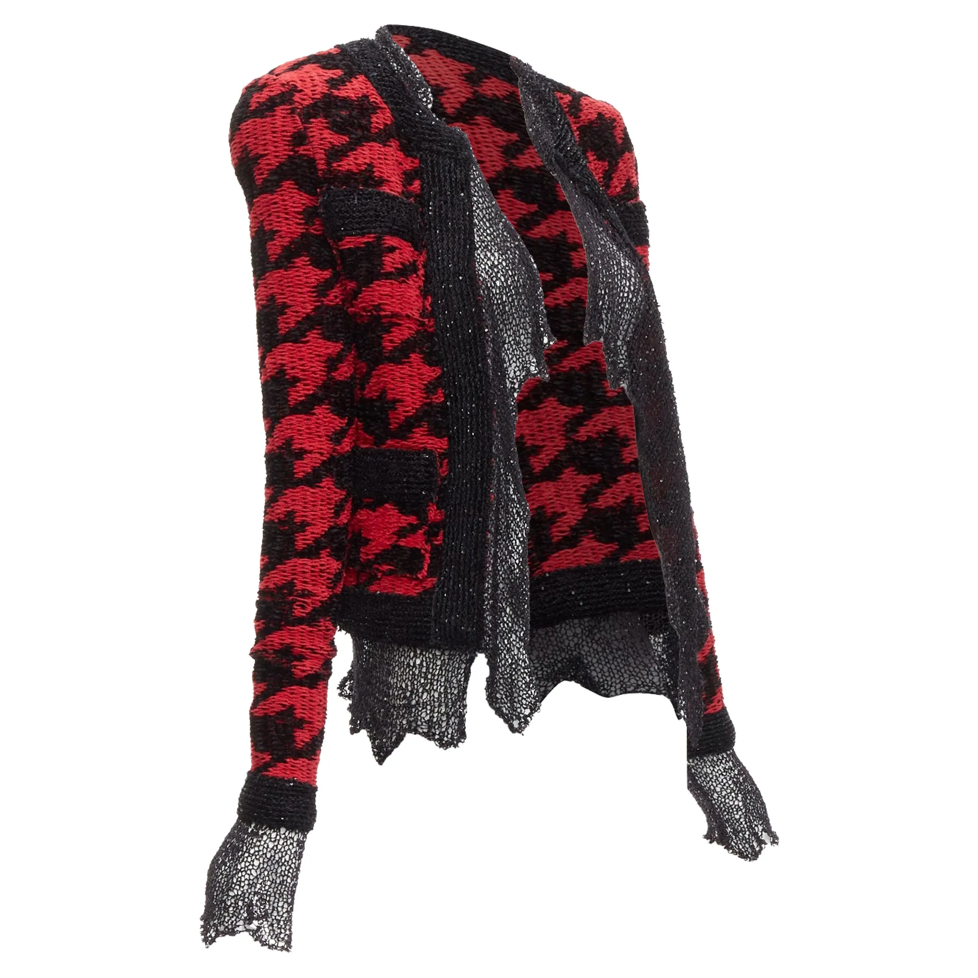 Balmain houndstooth destroyed pointelle knit mesh jacket