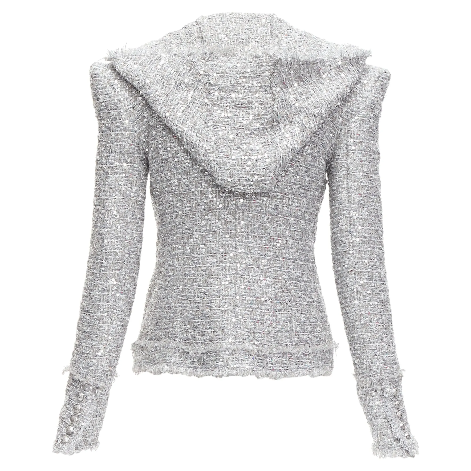 Balmain silver sequinned boucle tweed hooded power shoulder jacket