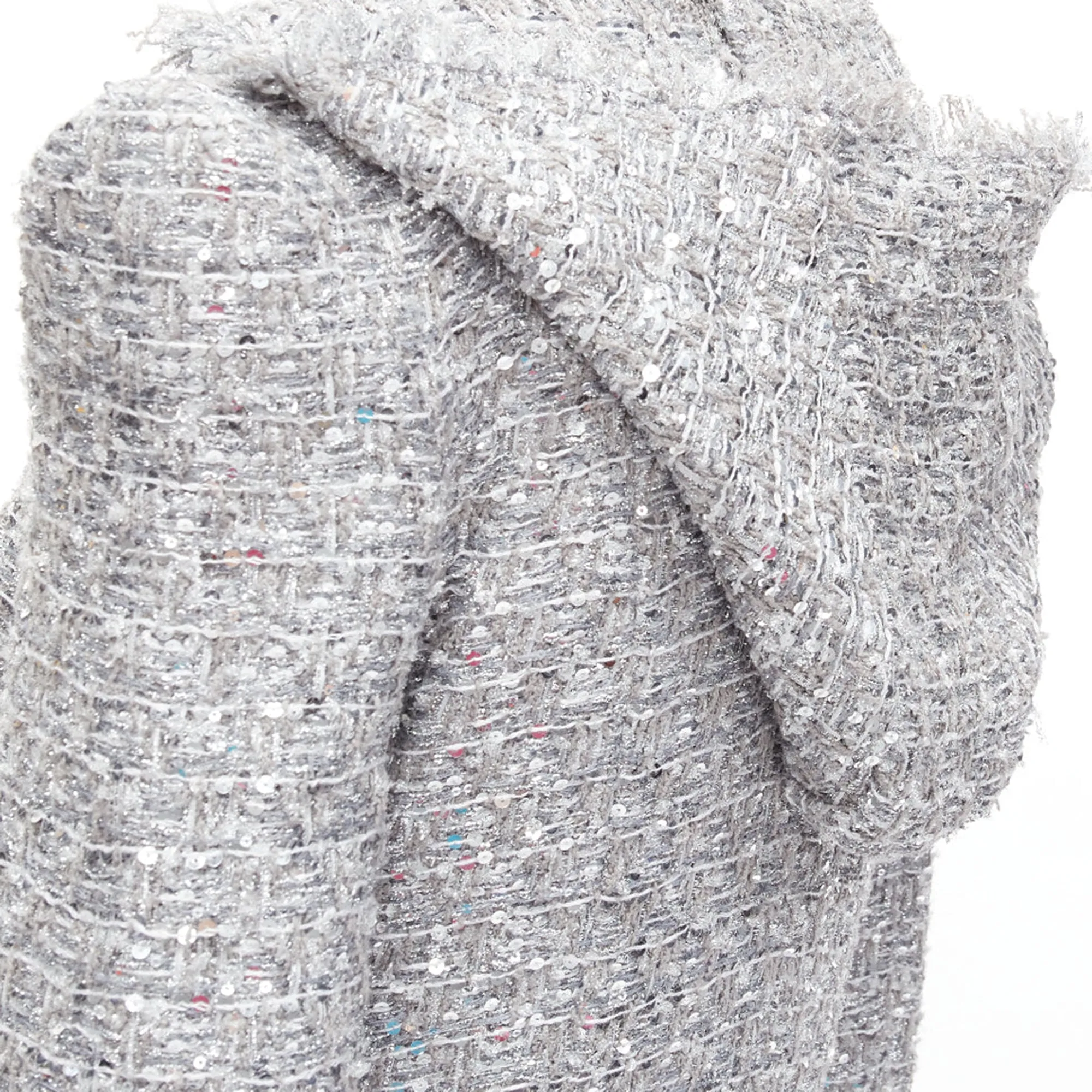 Balmain silver sequinned boucle tweed hooded power shoulder jacket