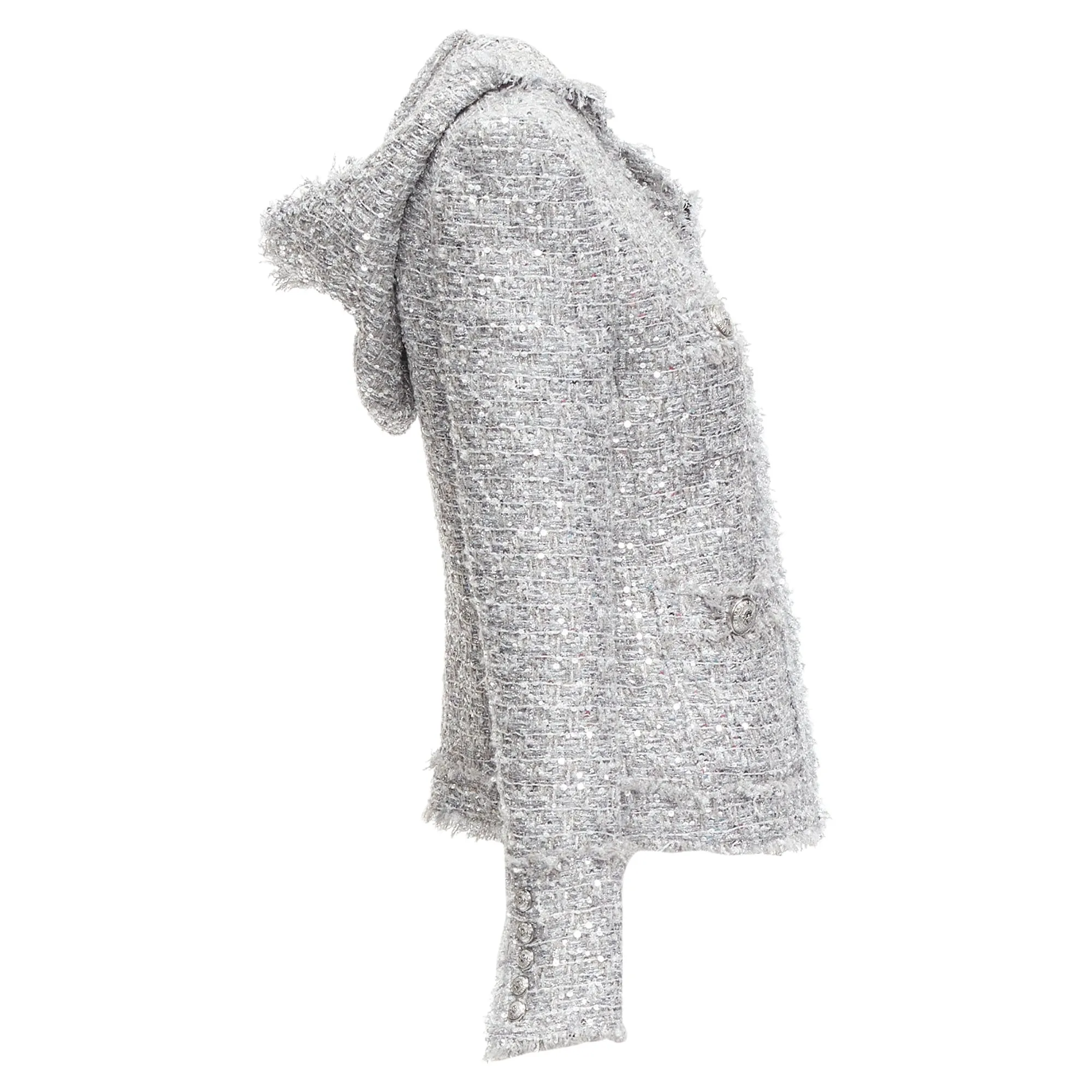 Balmain silver sequinned boucle tweed hooded power shoulder jacket