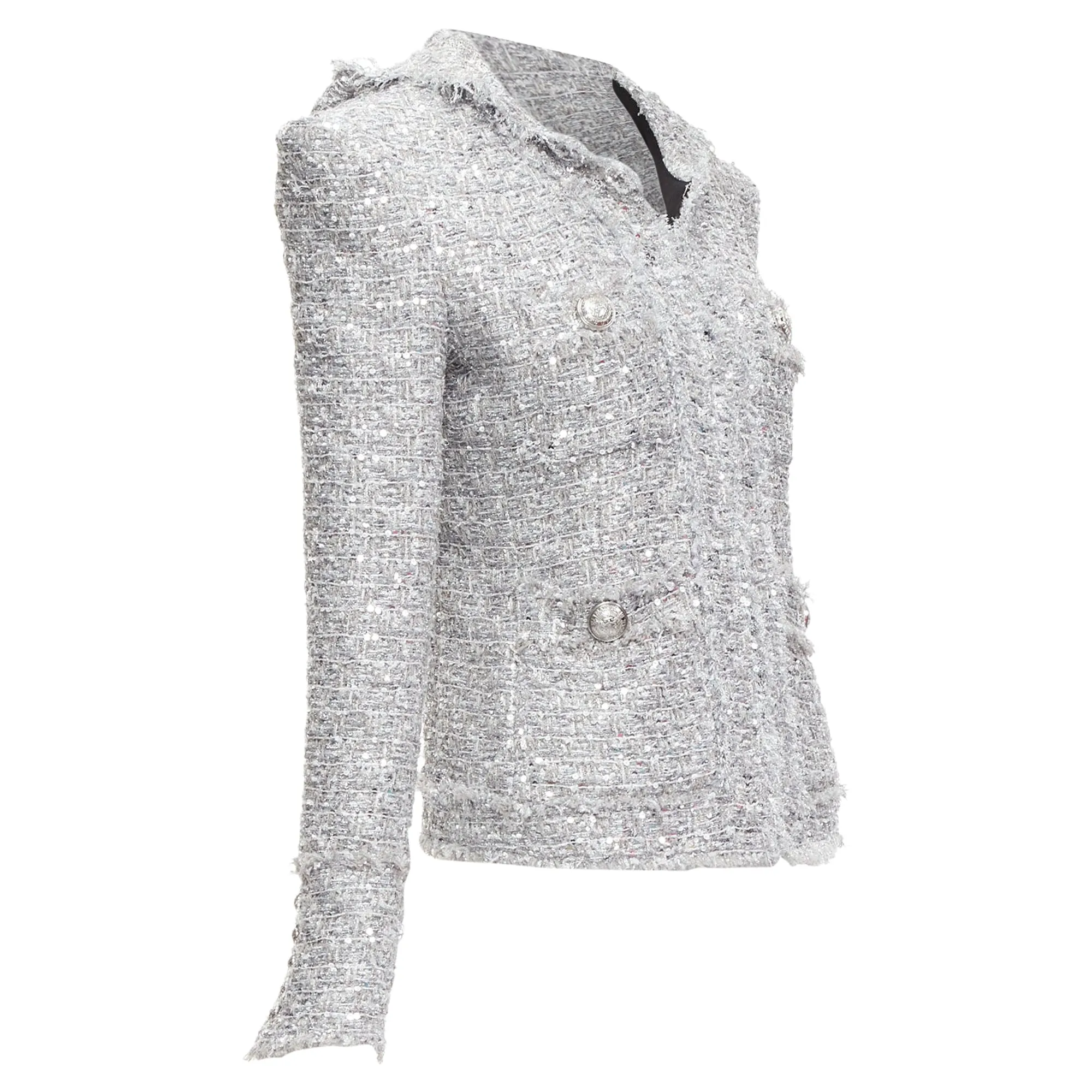 Balmain silver sequinned boucle tweed hooded power shoulder jacket