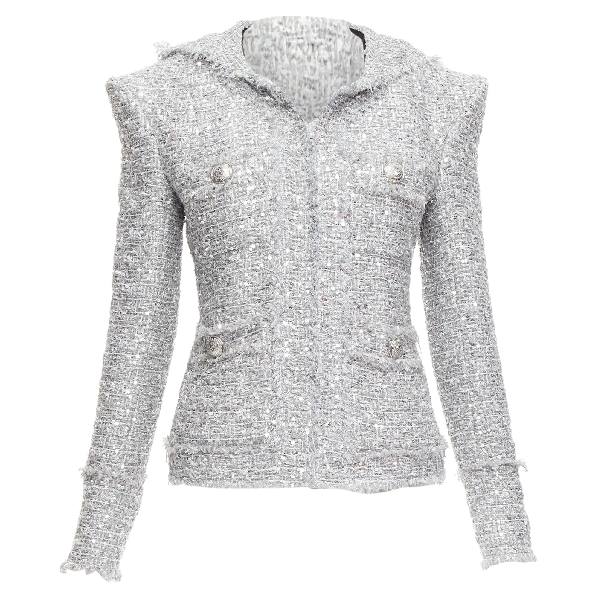 Balmain silver sequinned boucle tweed hooded power shoulder jacket