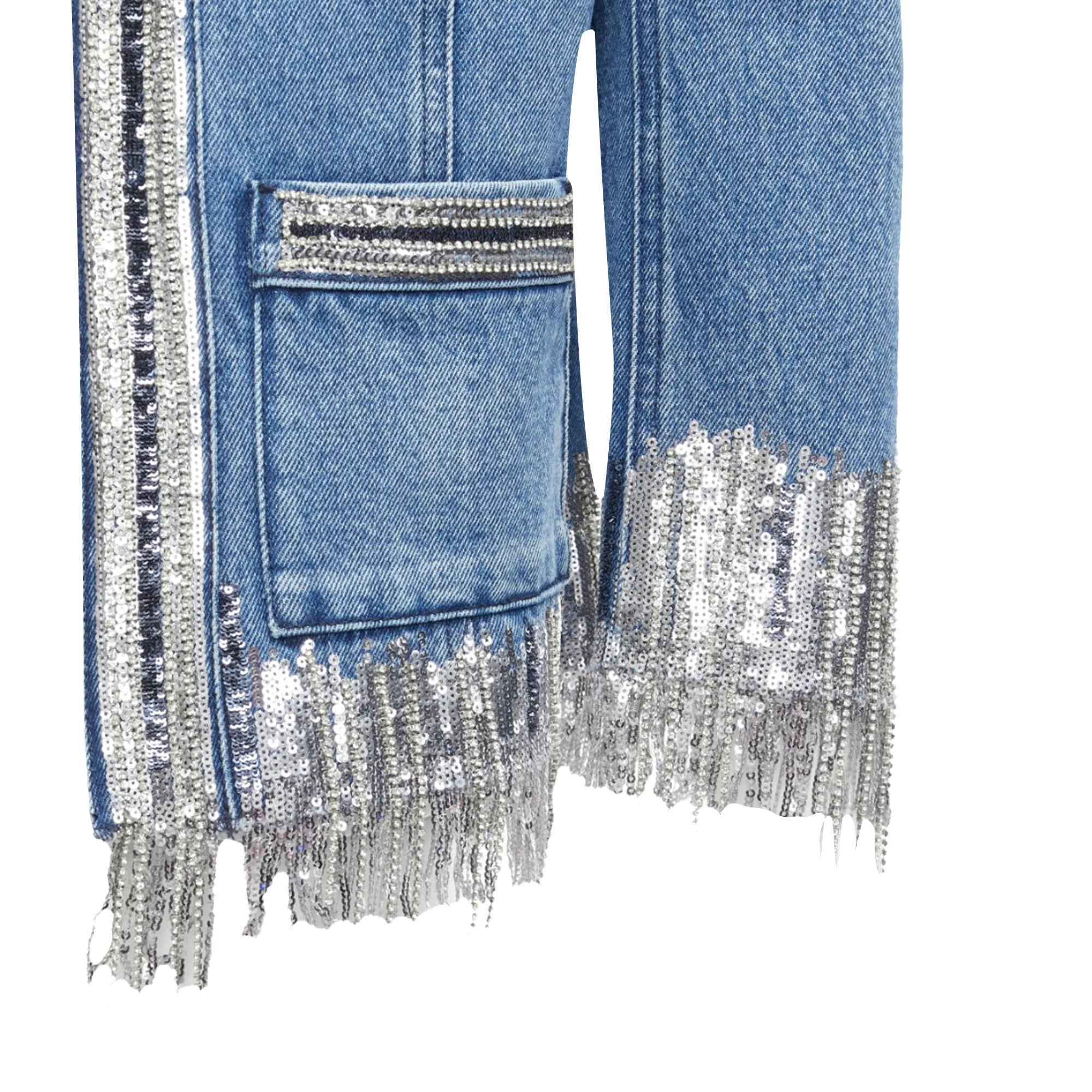 Balmain Washed Cotton Denim Silver Crystal Embellished Trim Jacket
