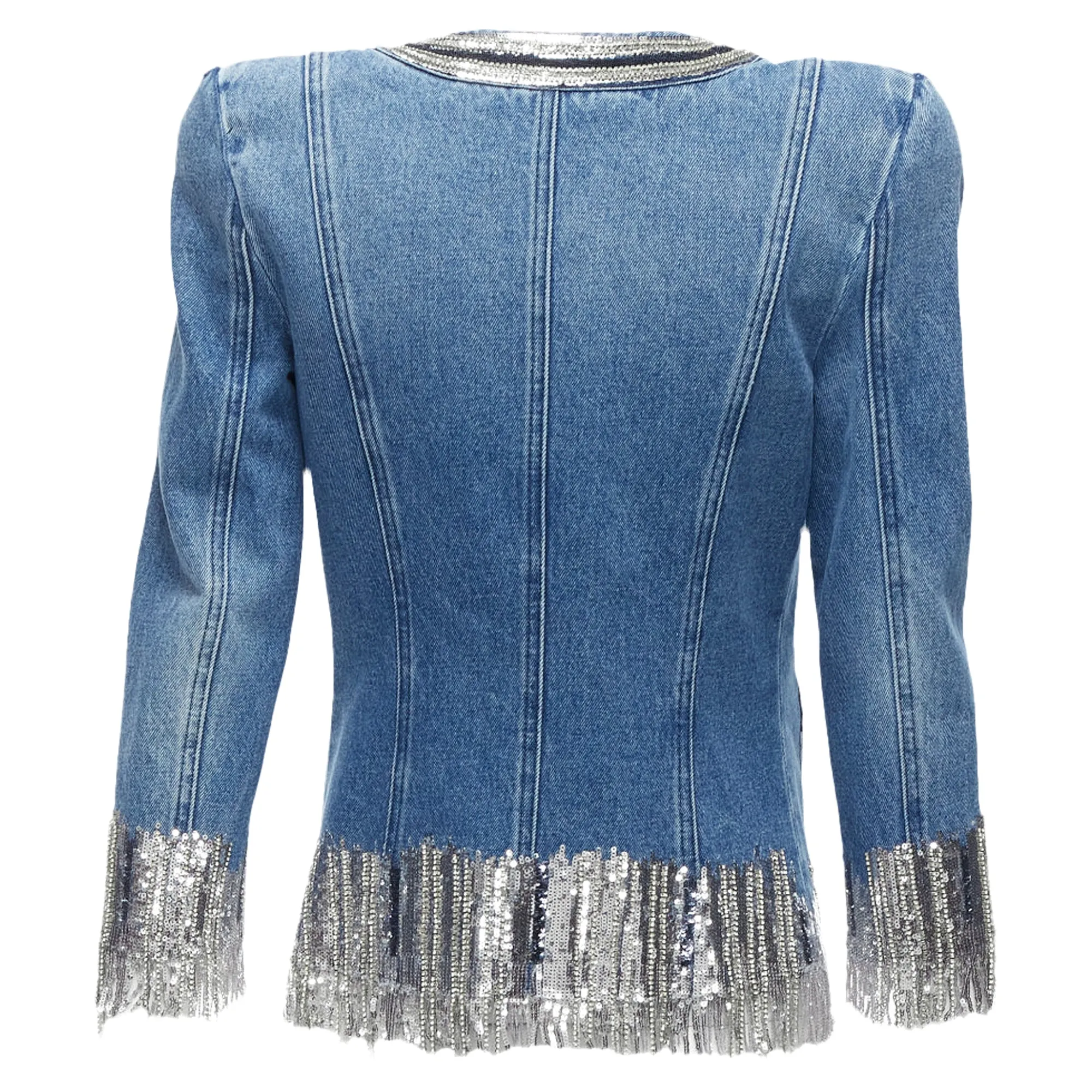 Balmain Washed Cotton Denim Silver Crystal Embellished Trim Jacket
