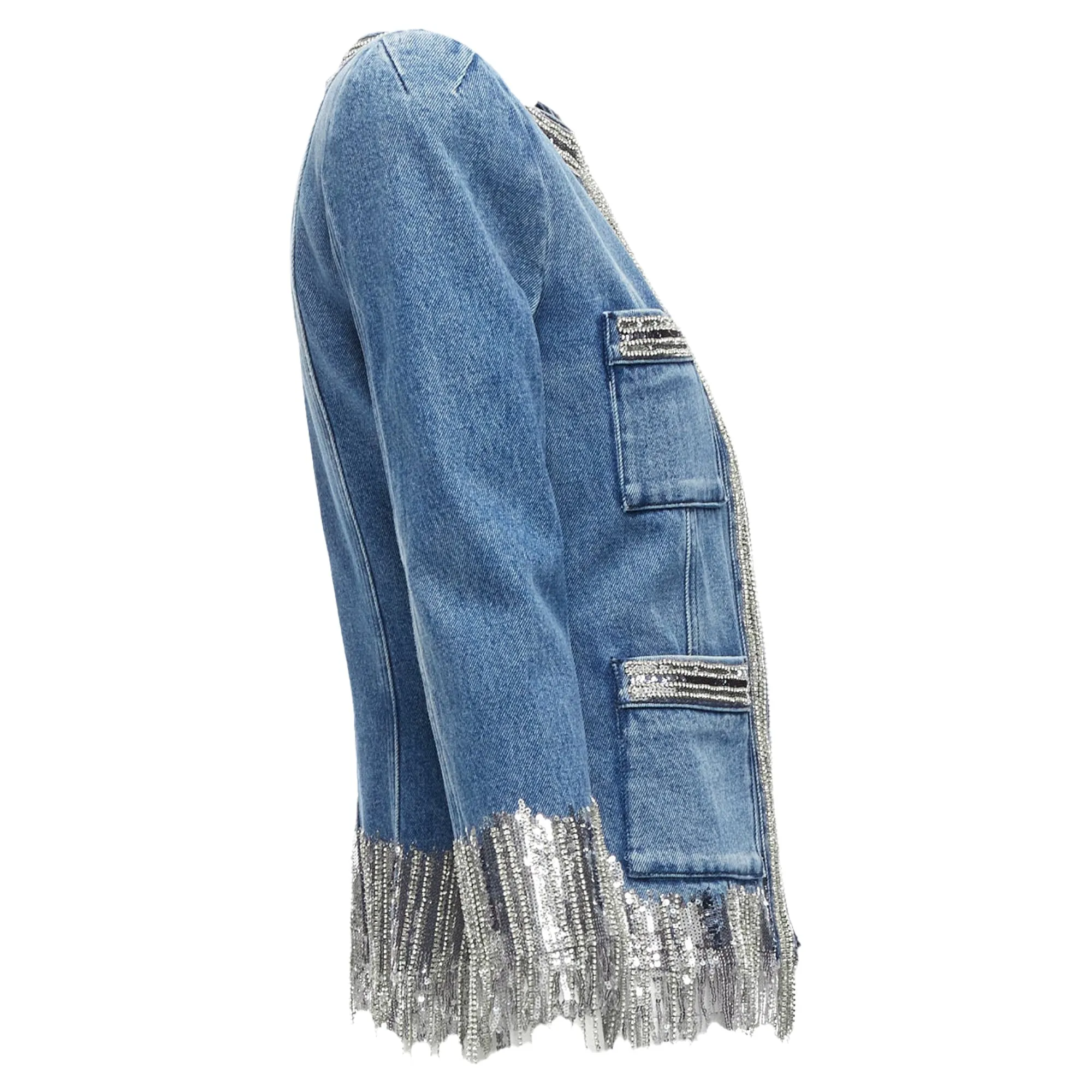 Balmain Washed Cotton Denim Silver Crystal Embellished Trim Jacket