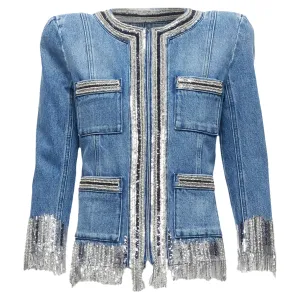 Balmain Washed Cotton Denim Silver Crystal Embellished Trim Jacket