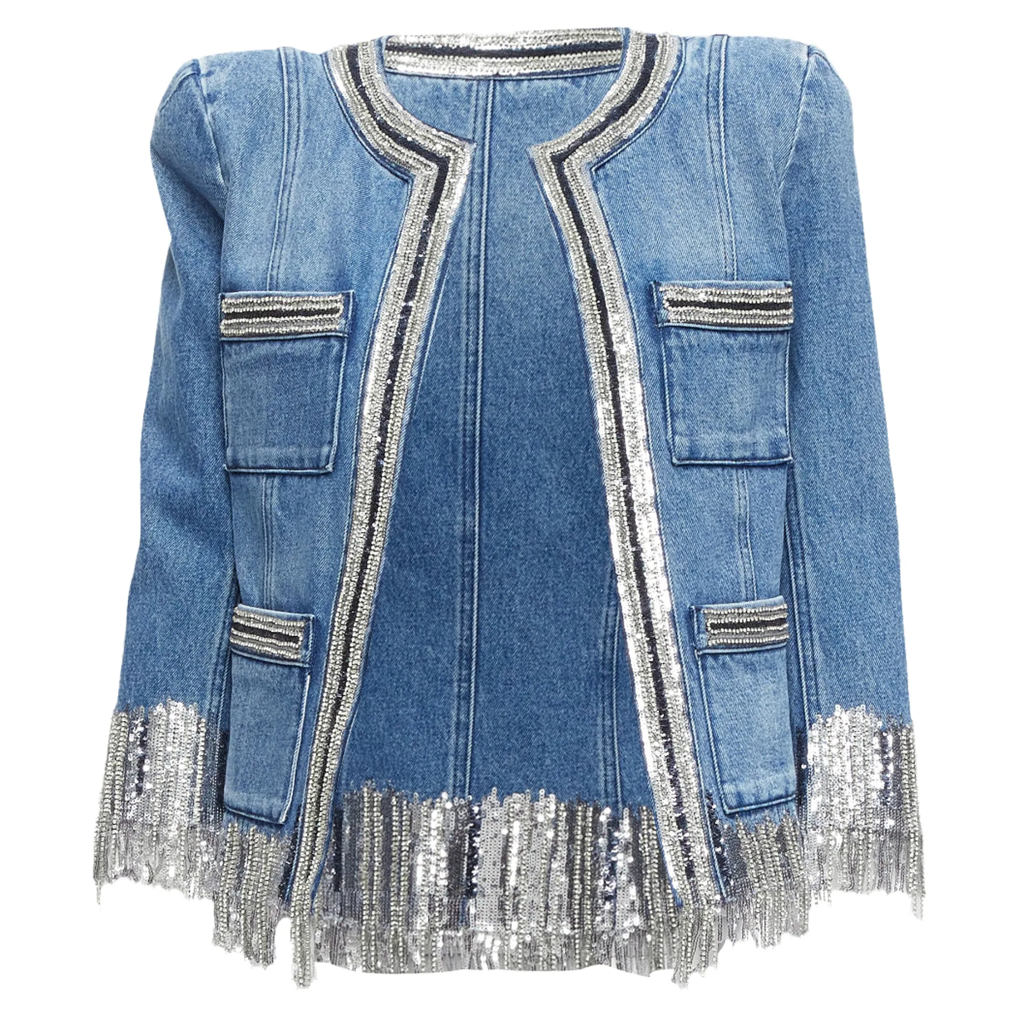 Balmain Washed Cotton Denim Silver Crystal Embellished Trim Jacket