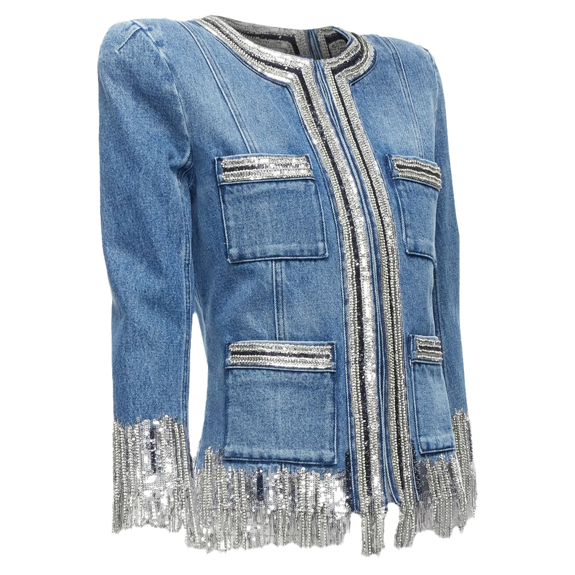 Balmain Washed Cotton Denim Silver Crystal Embellished Trim Jacket