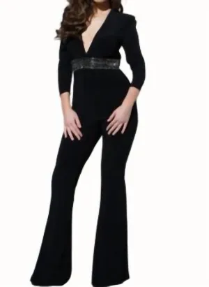 Beaded Waistline Jumpsuit In Black