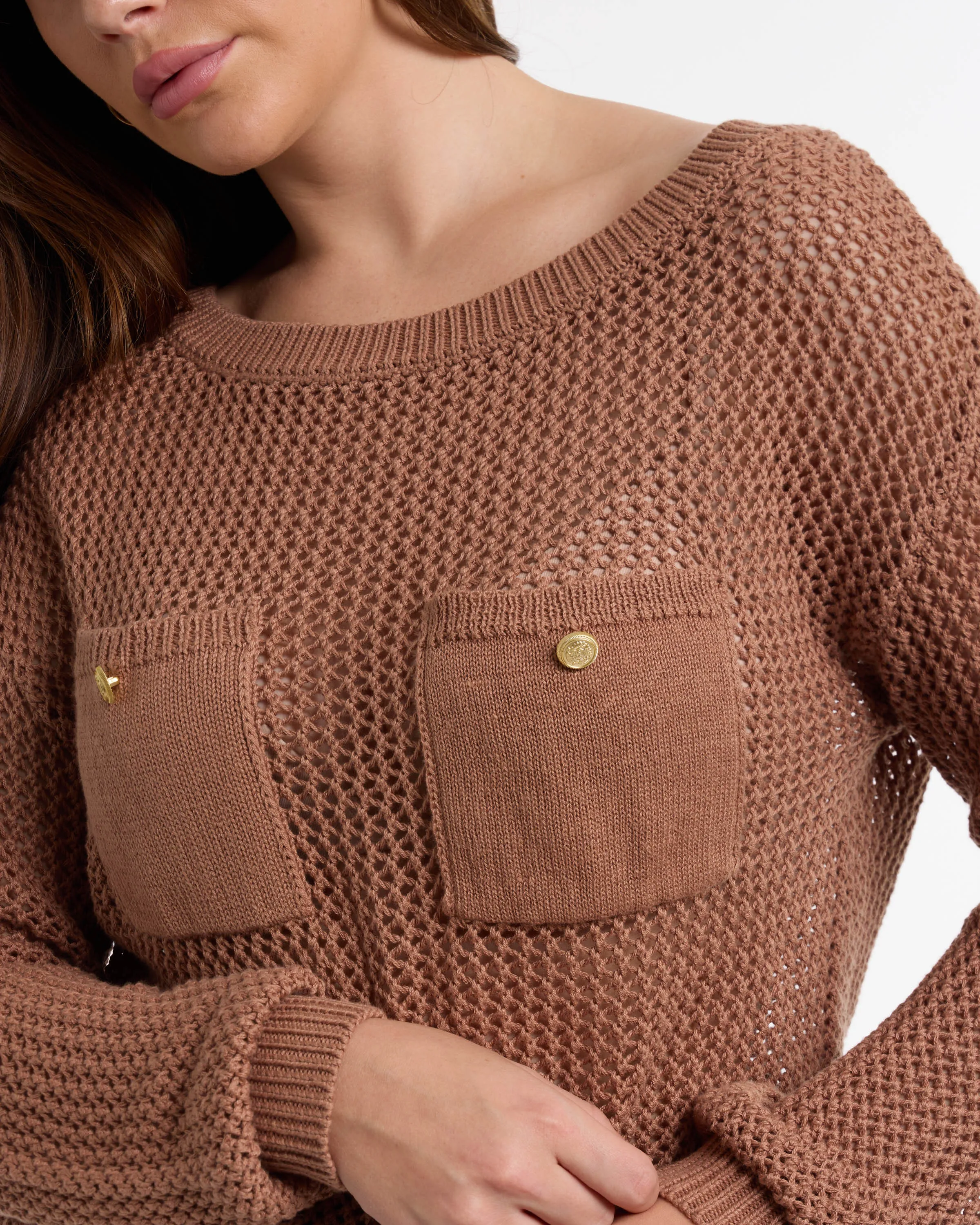 BEBE Women's Open Knit Pocket Detail Sweater