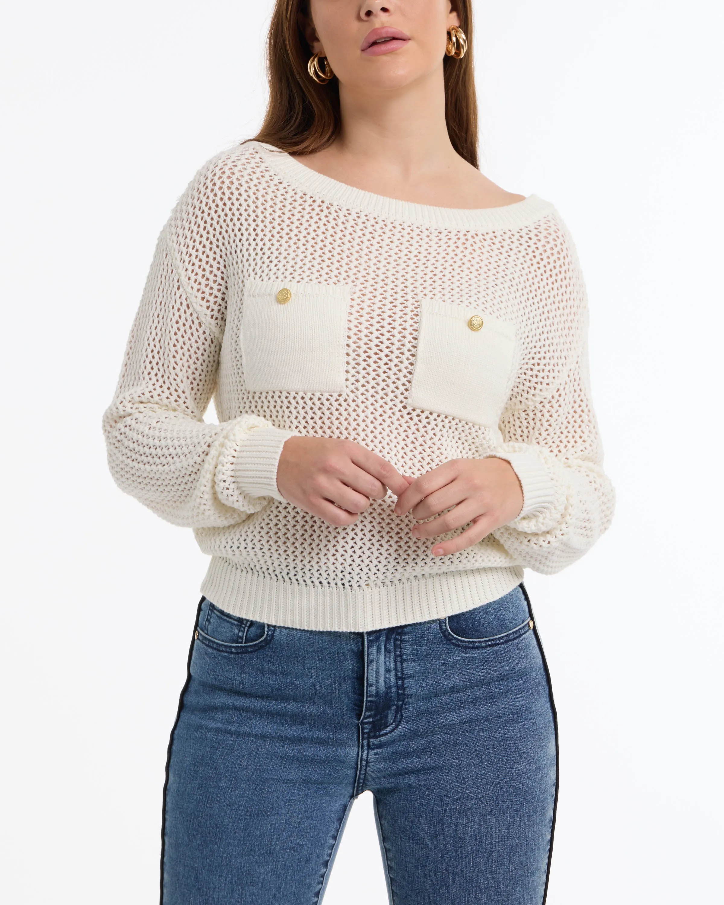 BEBE Women's Open Knit Pocket Detail Sweater