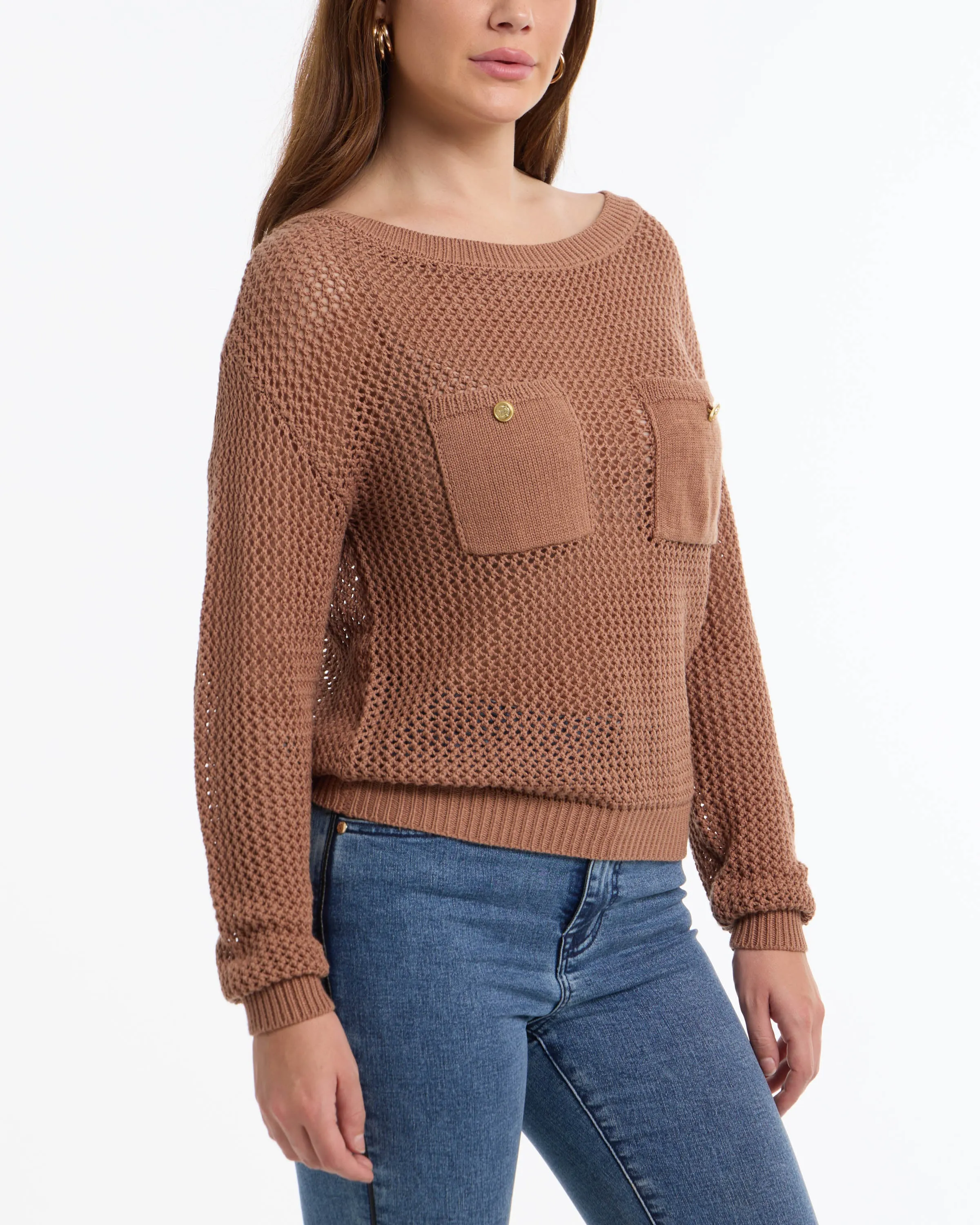 BEBE Women's Open Knit Pocket Detail Sweater