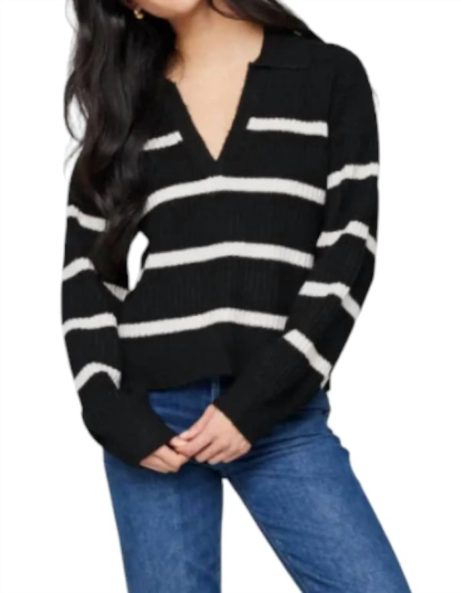 Beckett V Neck Sweater In Black Stripe