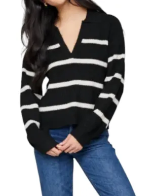 Beckett V Neck Sweater In Black Stripe