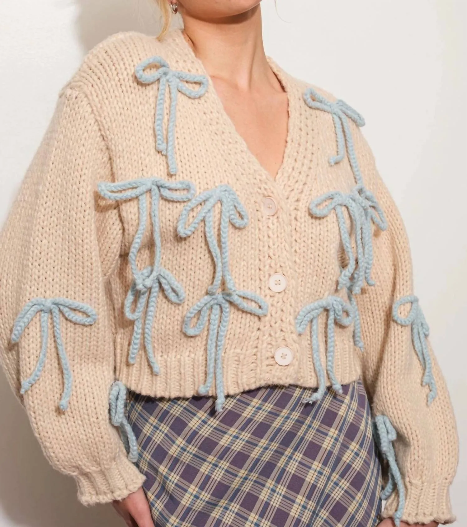 Beloved Bow Chunky Knit Cardigan In Sand