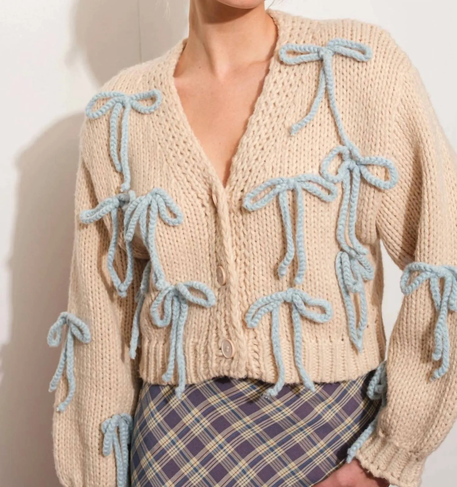 Beloved Bow Chunky Knit Cardigan In Sand