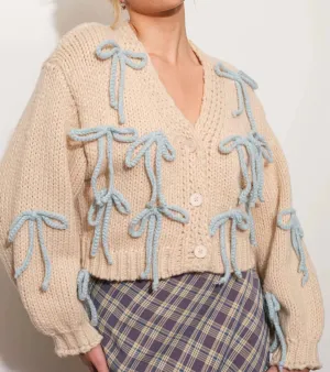 Beloved Bow Chunky Knit Cardigan In Sand