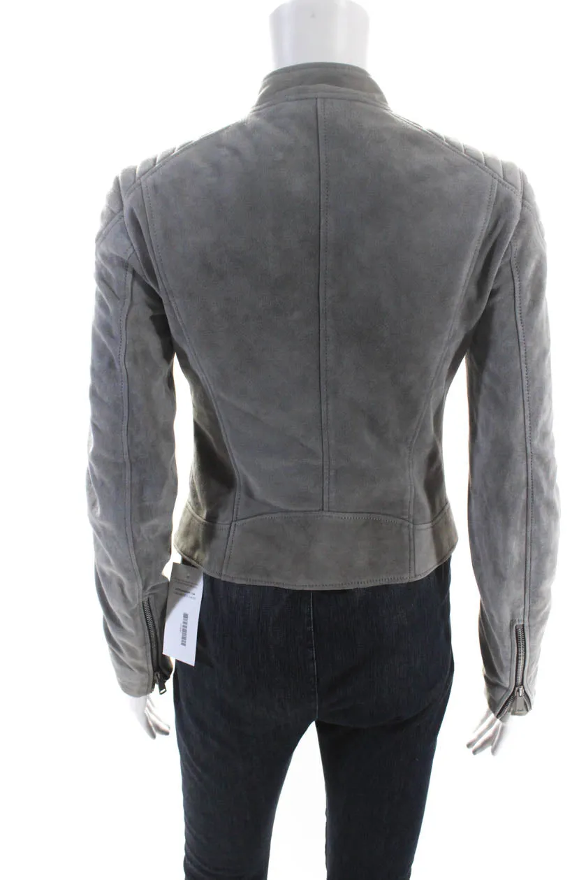 Belstaff Womens Leather Zipped Button Long Sleeve Mock Neck Jacket Gray