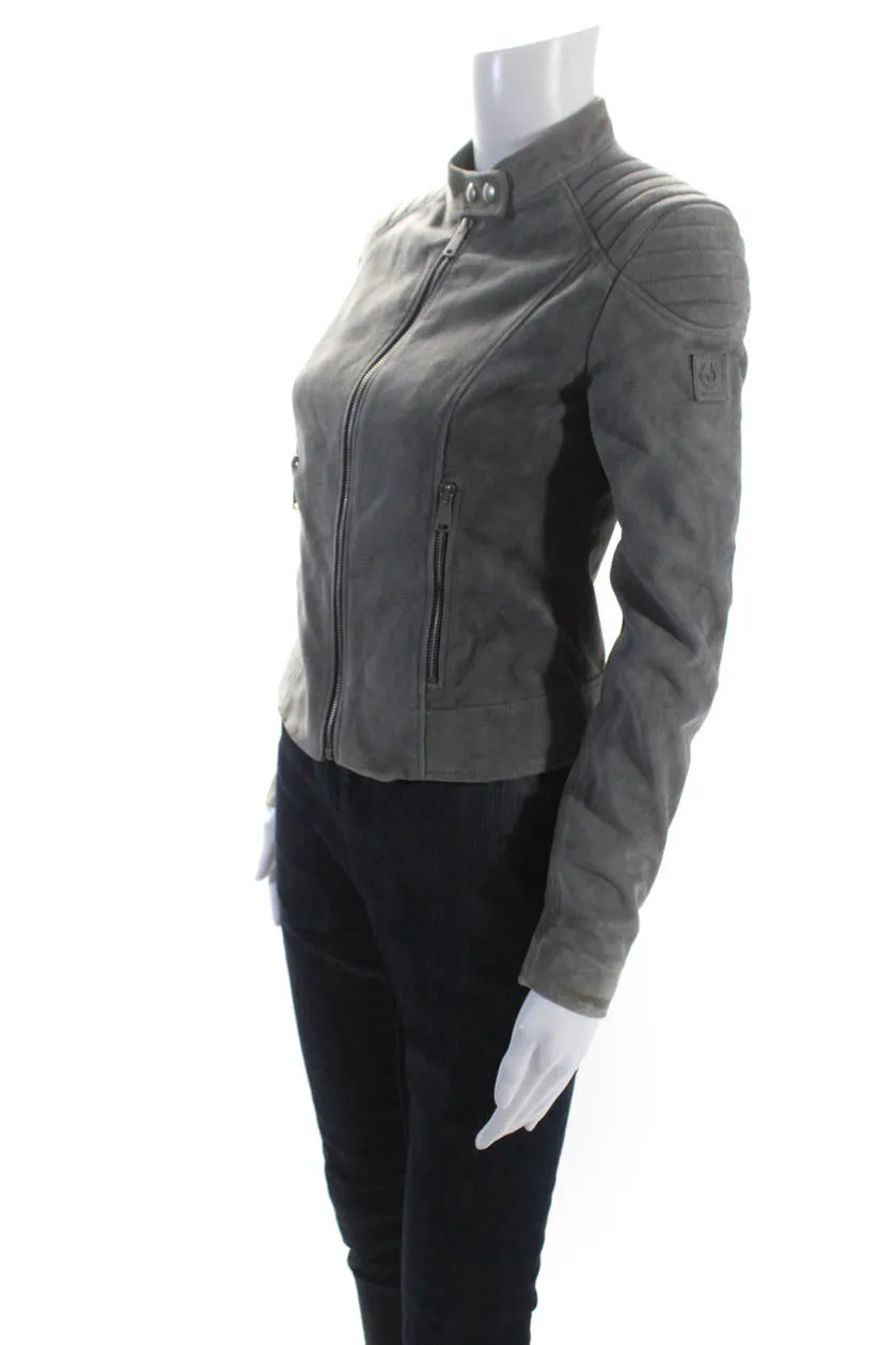 Belstaff Womens Leather Zipped Button Long Sleeve Mock Neck Jacket Gray