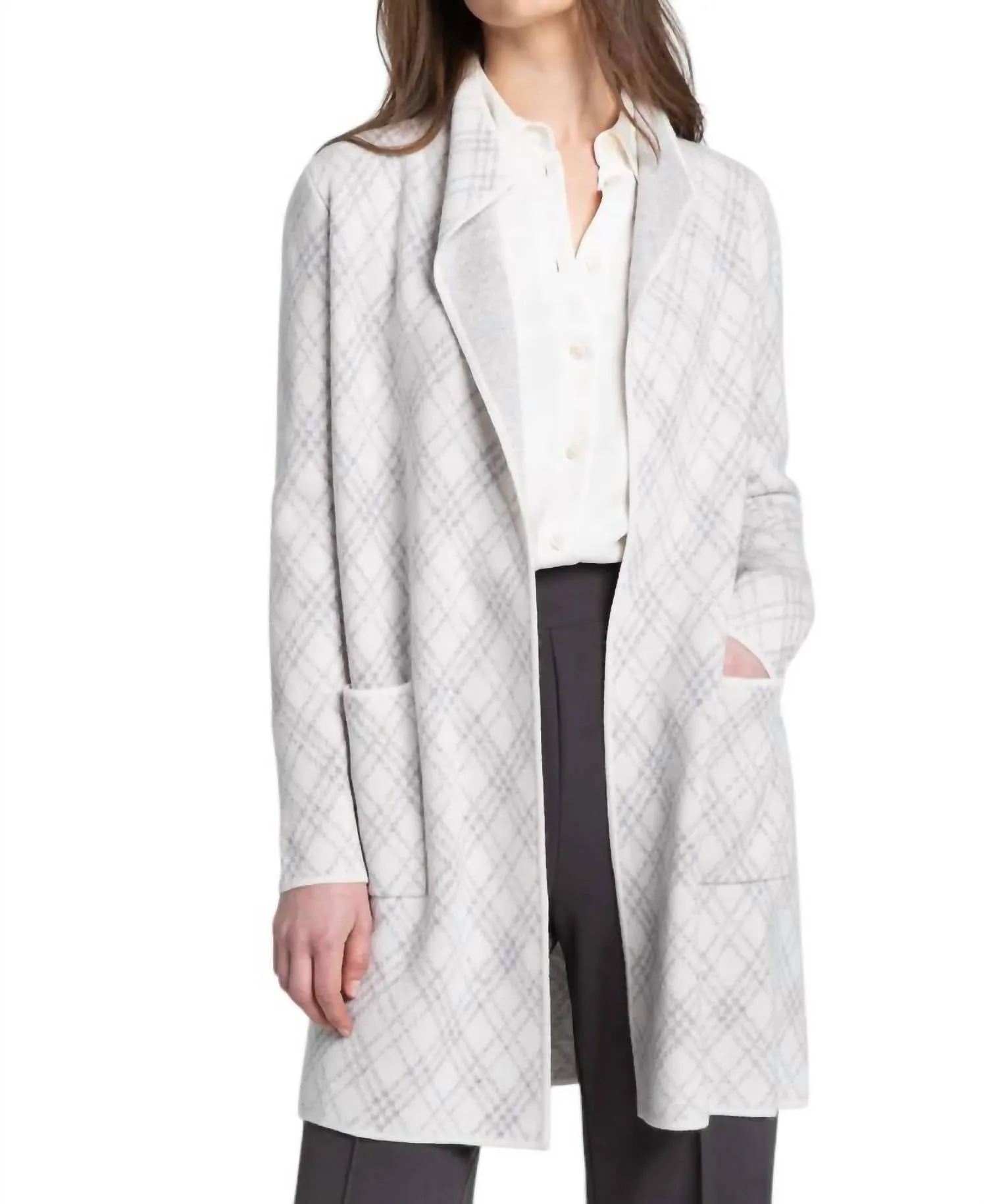 Bias Plaid Cardigan In Pearl/silver