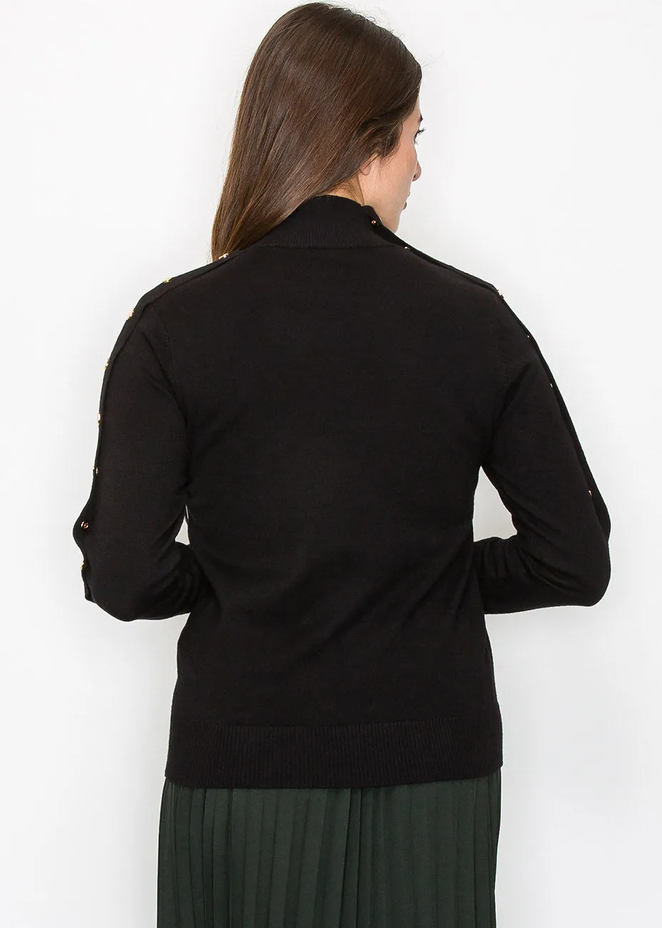 Black Buttoned Sleeve Mock Neck Top